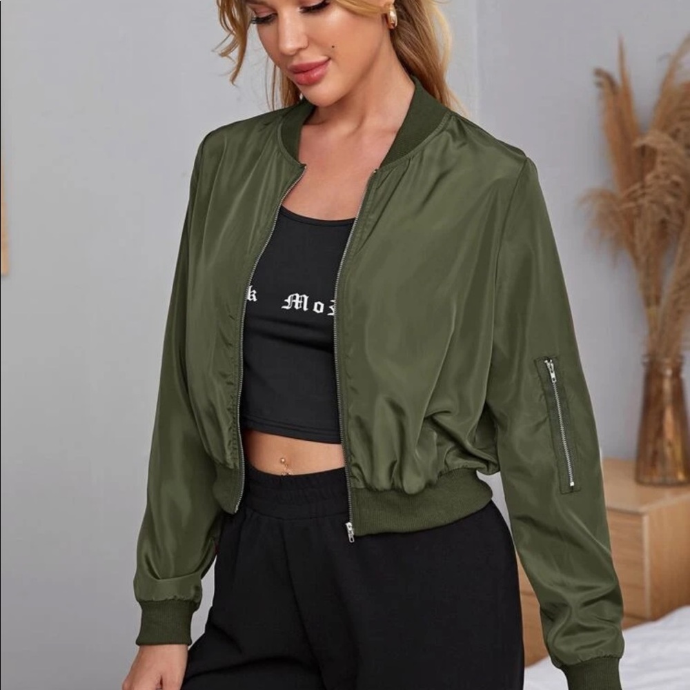 Zip up bomber jacket olive green sporty - Picture 2 of 3